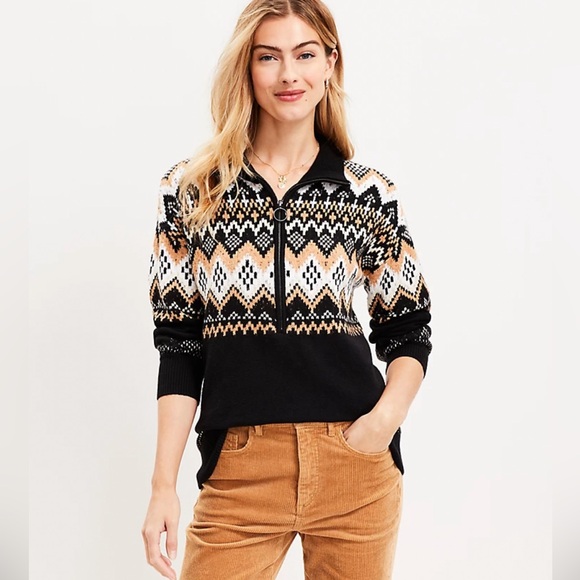 LOFT Sweaters - LOFT Black Fair Isle Half Zip Tunic Sweater